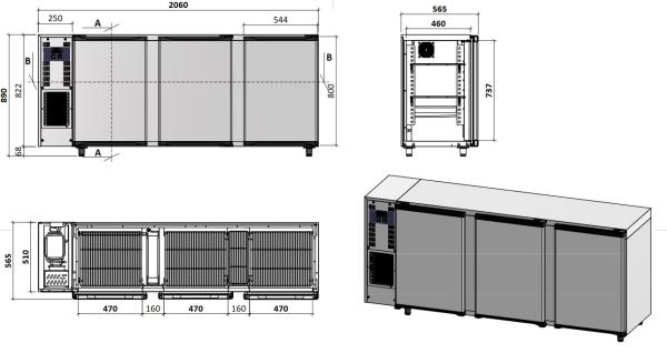 TAVX/3G-R2 (25) Kühlpult Getränkekühler Flaschenkühlschrank, Edelstahl, 3 Glastüren, 579 Liter